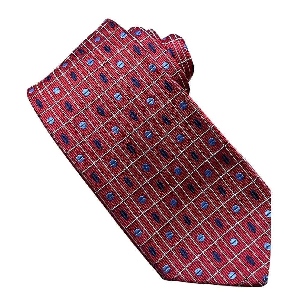 Turnbull & Asser‎ Silk Necktie Red Blue White Geometric England 3.5
